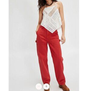 Zara Red Utility Cargo Pants Women’s Size L High Rise Cotton Blend Straight Leg